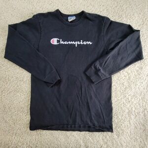VTG Champion Long Sleeve Graphic T-Shirt Black Script Logo Mens Large